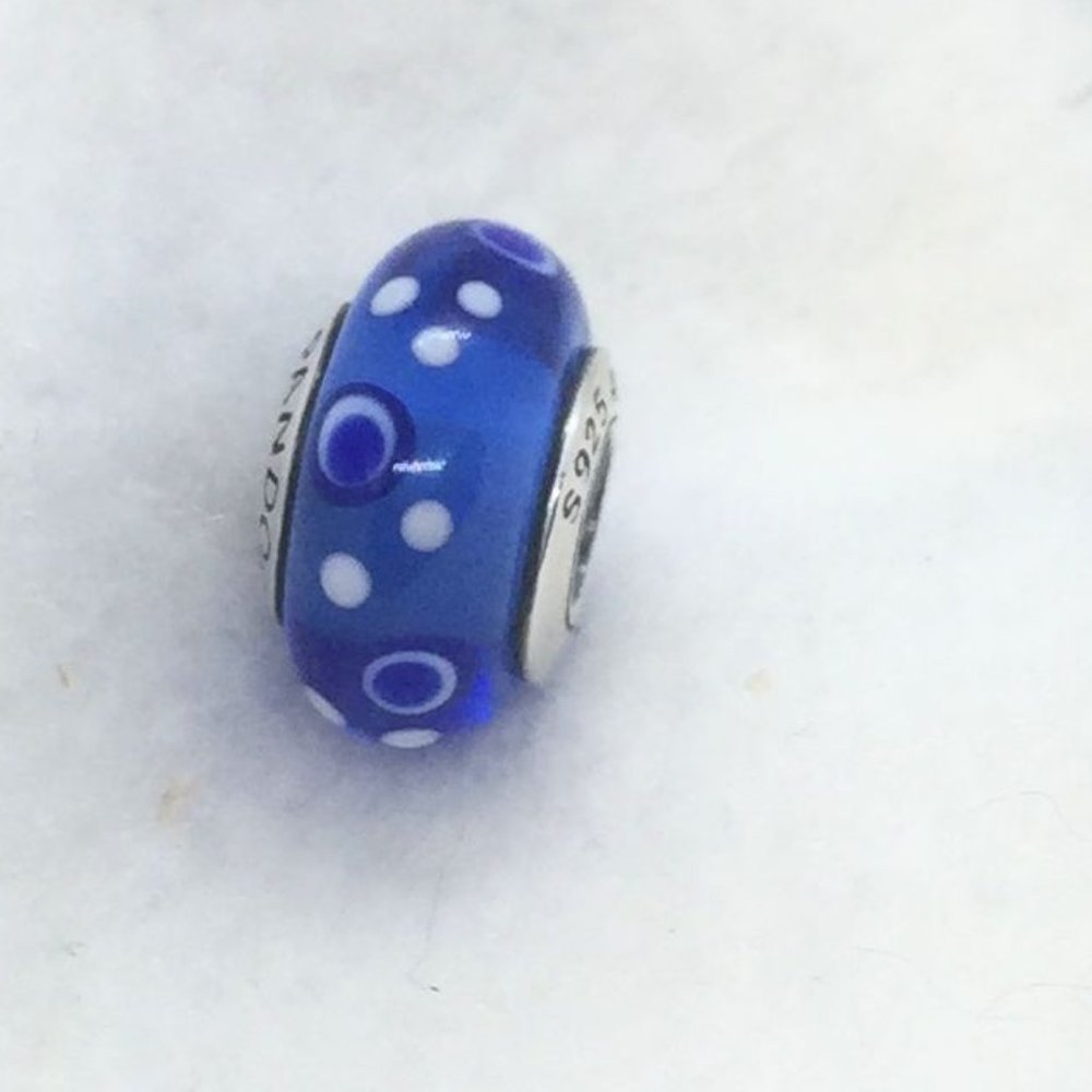 Blue Glass Bead Charm with White Dot Accents